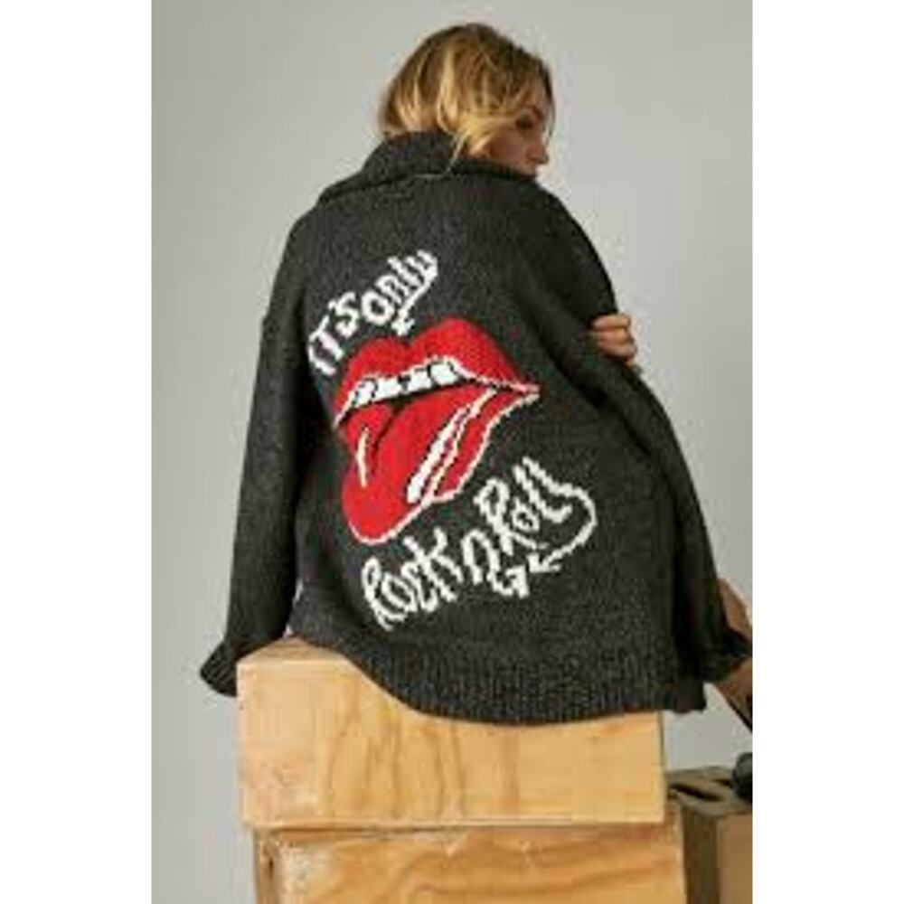 Womens Charcoal Graphic Cardigan Sweater with Red Tongue Motif